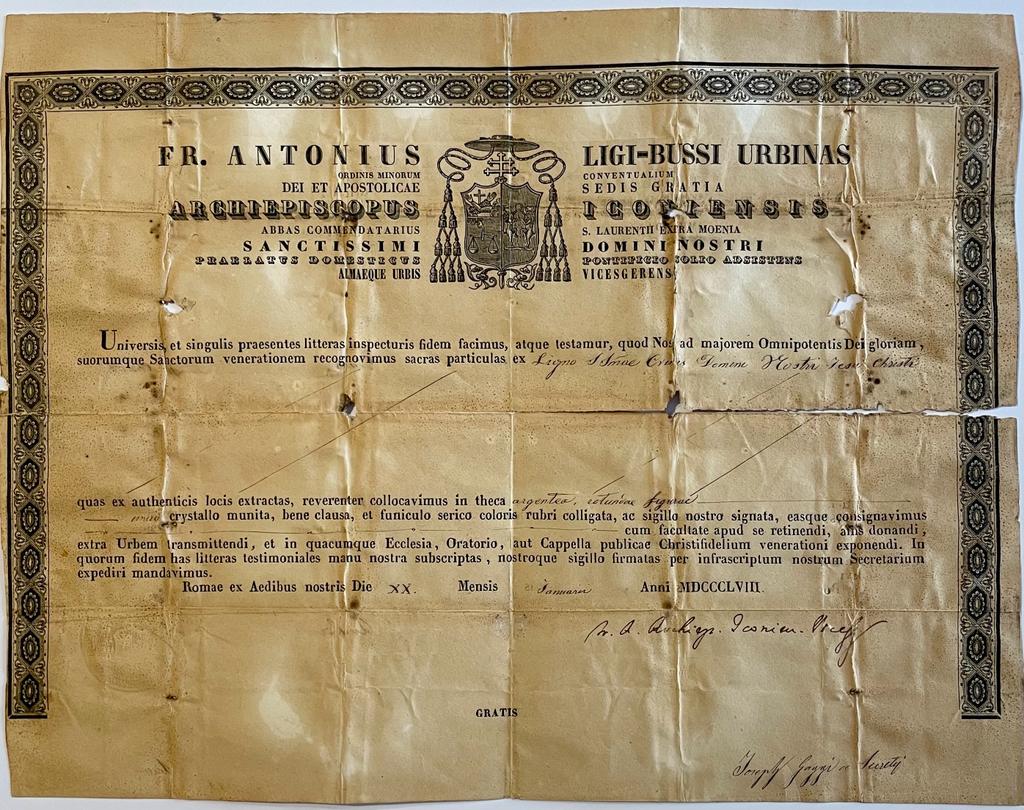  - Printed publication Catholic Rome 1858 | Verklaring, d.d. Rome 20-1-1858, betr. een zilveren figuurtje, door frater Anthonius Ligi-Bussi urbinas, Archepiscopius Econienses, 1 p.