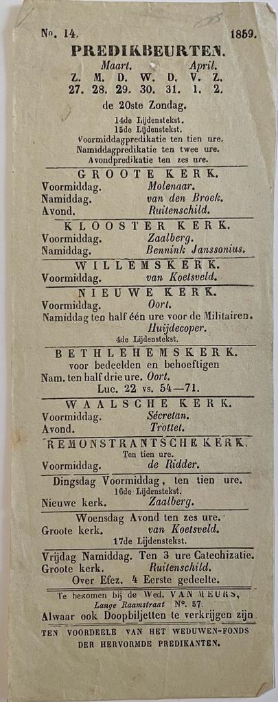  - Printed publication 1859 The Hague | Predikbeurtenblaadje (schedule for the church services), d.d. 's-Gravenhage 1859, 1 p.