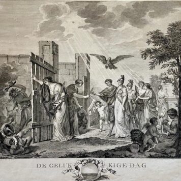 Antique print engraving De Gelukkige dag by Mattheus De Sallieth