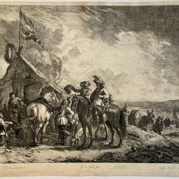 Antique print etching and engraving A military encampment