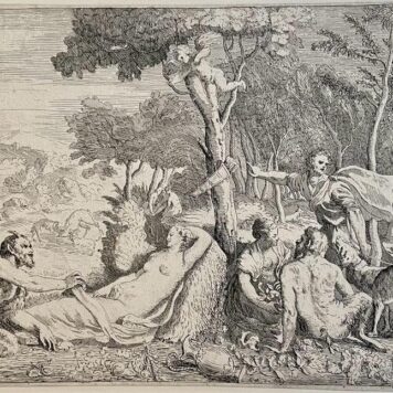 Antique print etching Arcadic scene with nymphs and satyrs. Antieke ets gemaakt door Anne Claude Philippe de Tubières, Comte de Caylus. 