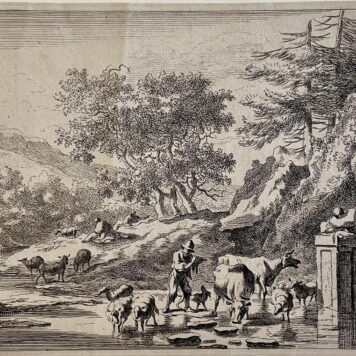 Antique print etching Landscape with shepherds and cattle by Jan Groensvelt