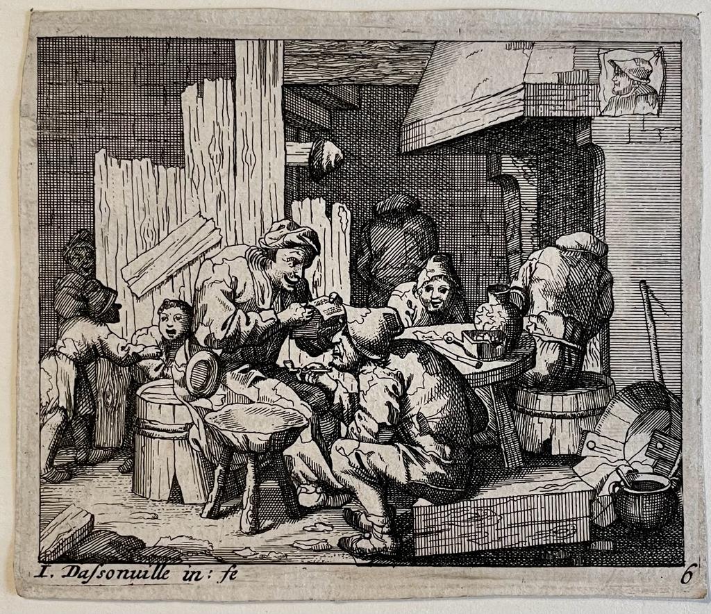 Antique print Peasants around the fireplace. by Jacques Dassonville.