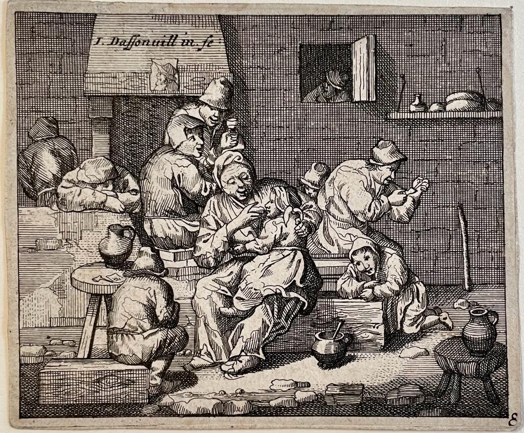 Antique print Peasant family in an interior by Jacques Dassonville.