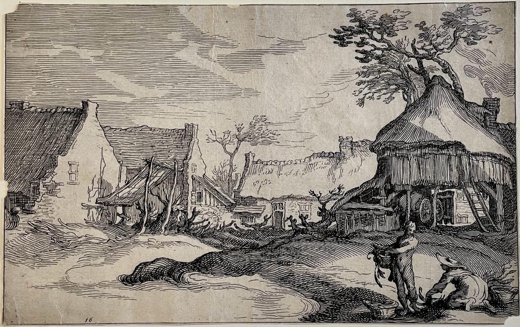 Antique print etching Farmyard Boerderij met erf by Abraham Bloemaert.