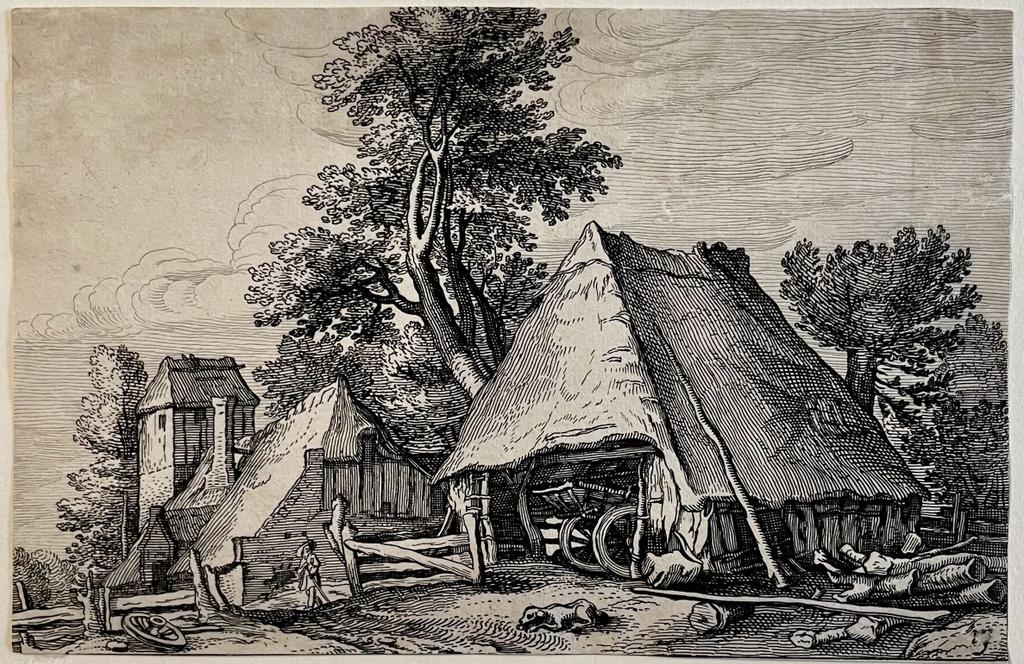 Antique print etching Farm with shed for a cart by Claes Jansz. Visscher II