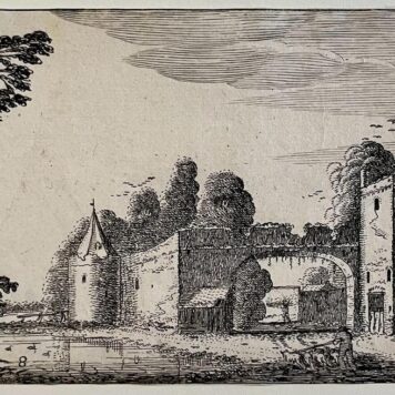 Antique print etching Ruins with a ditch at the left by Jan van de Velde II