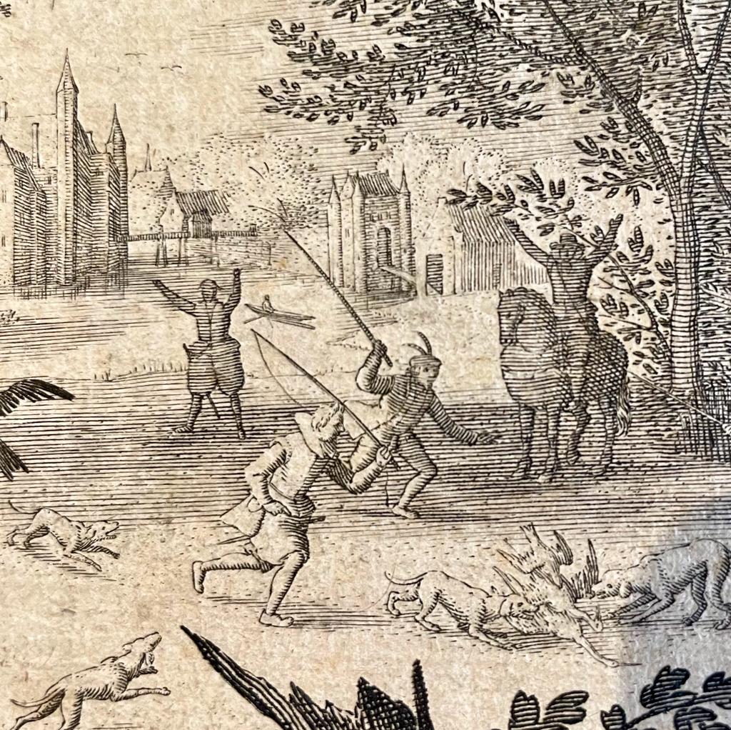 Antique print engraving Heron Hunt by Pieter Serwouters