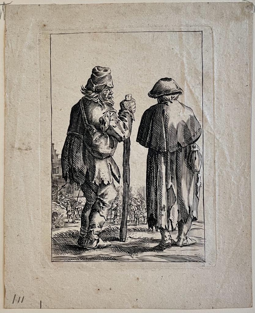 Antique print etching Two beggars man and woman after Salomon Savery