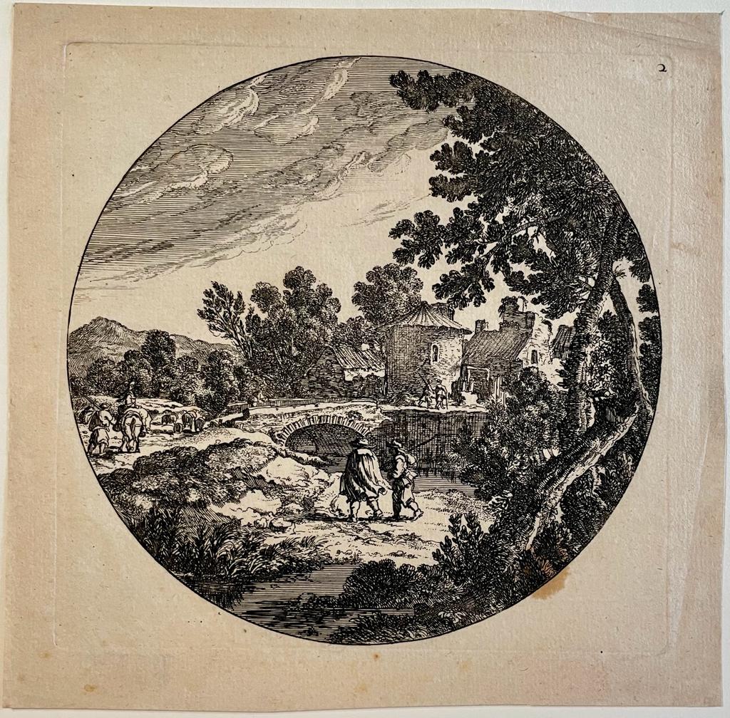 Antique print etching Italianate landscape with ruined buildings by Cornelis Danckerts.