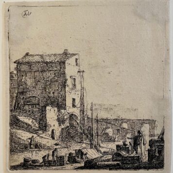 Antique print etching Oriental merchant by a river by Thomas Wijck