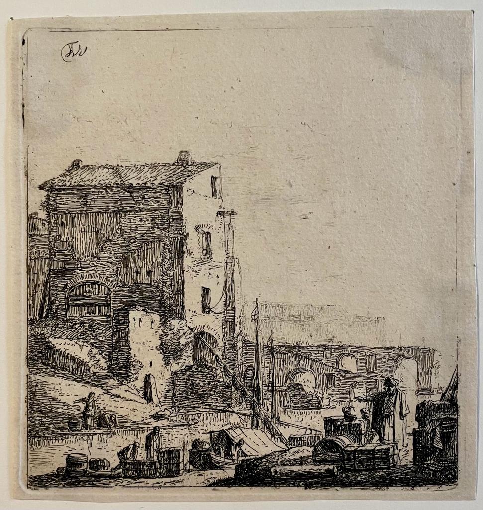 Antique print etching Oriental merchant by a river by Thomas Wijck