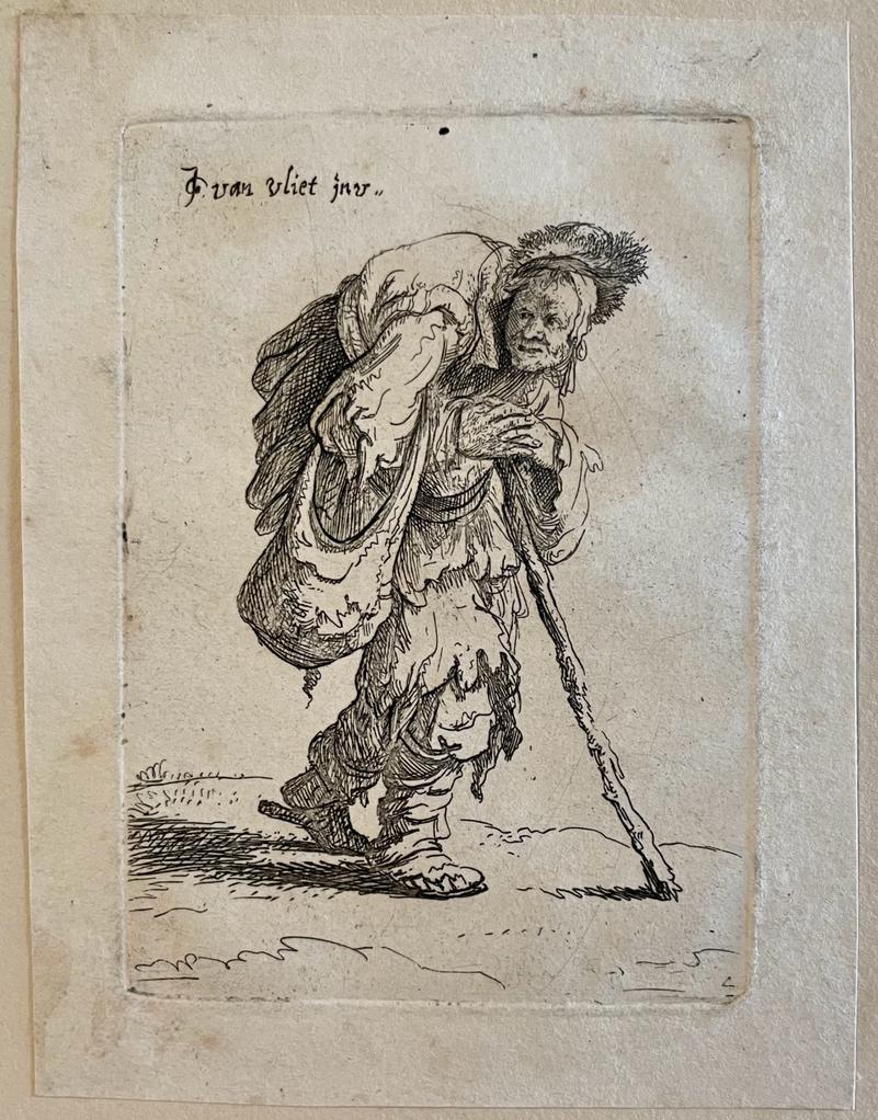 Antique print etching A hunchbacked beggar by Van Vliet.
