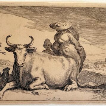 Antique print etching and engraving A reclining cow and a woman by Frederick Bloemaert