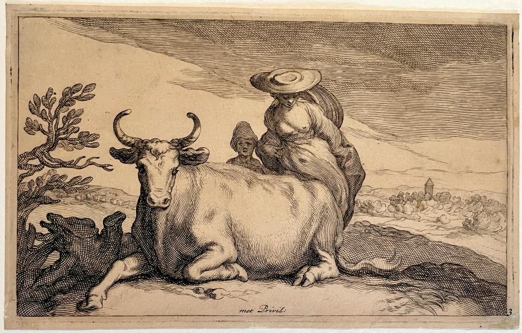 Antique print etching and engraving A reclining cow and a woman by Frederick Bloemaert