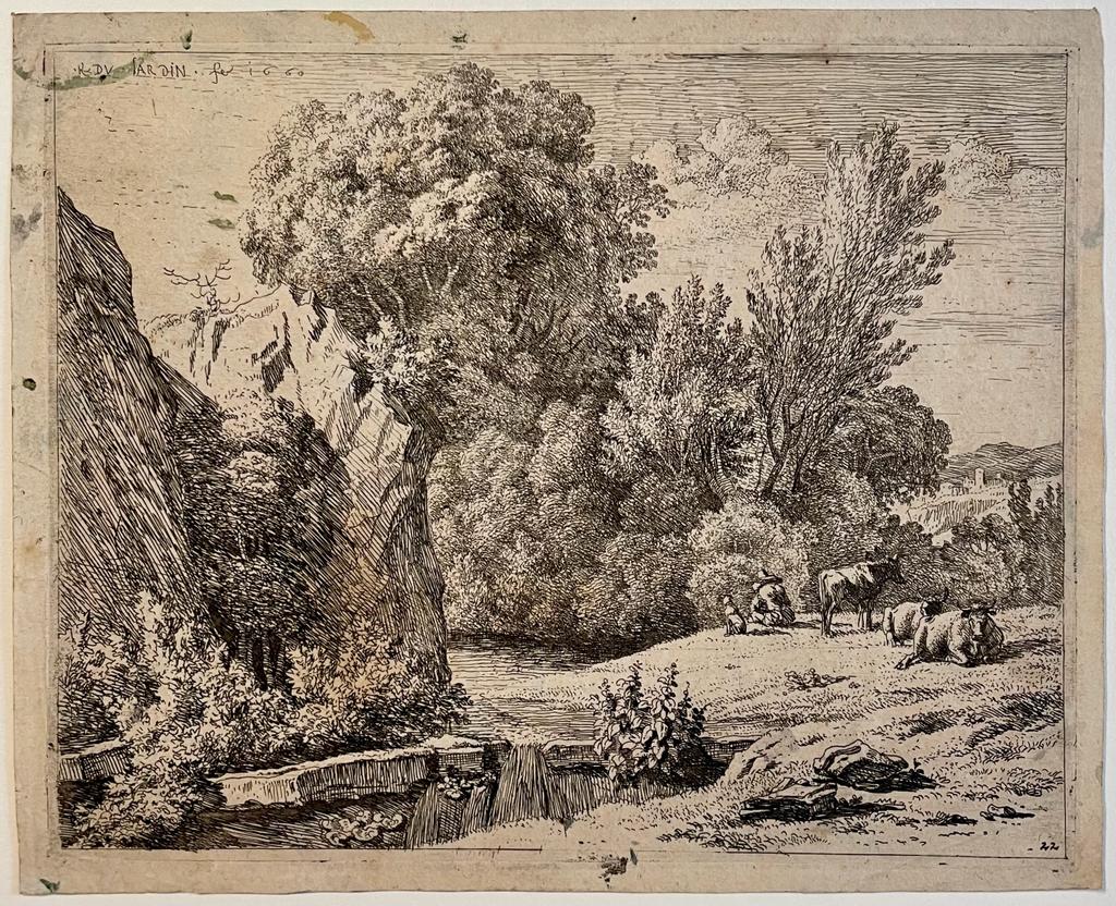 Antique print etching Landscape with man and three cows by Karel Dujardin.