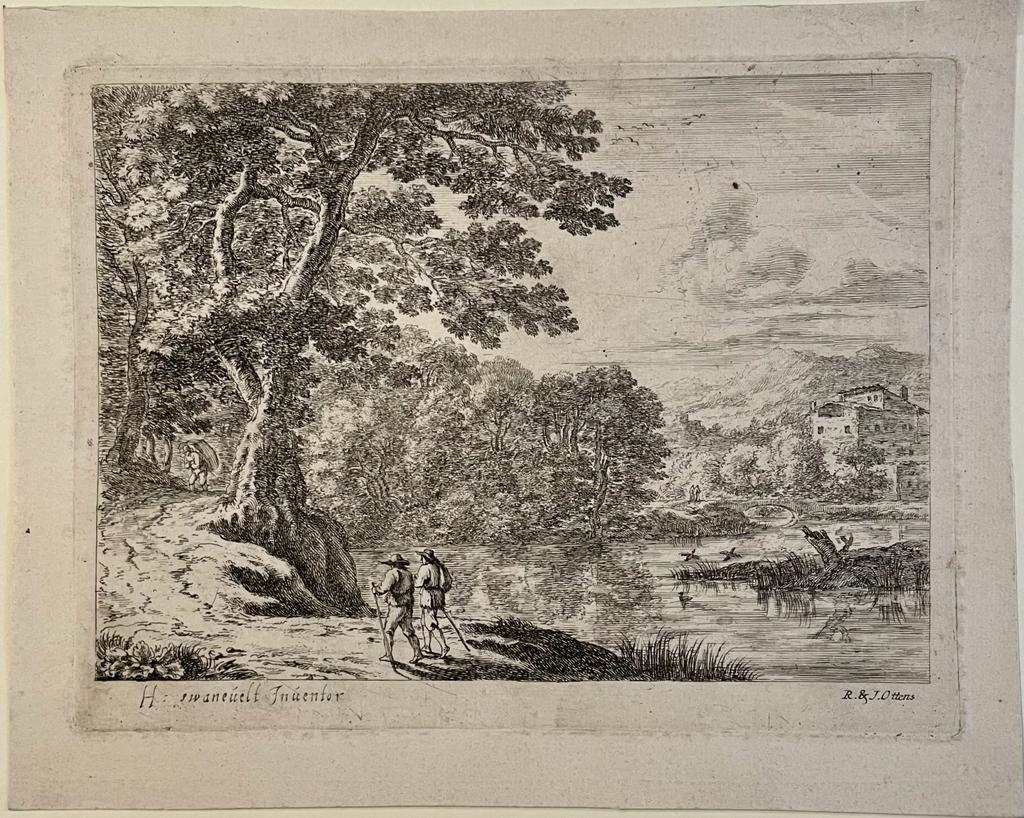 Antique print etching Landscape with two travellers by Frederick Bloemaert