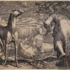 Antique print engraving Two women and dog near cows by Cornelis Bloemaert.