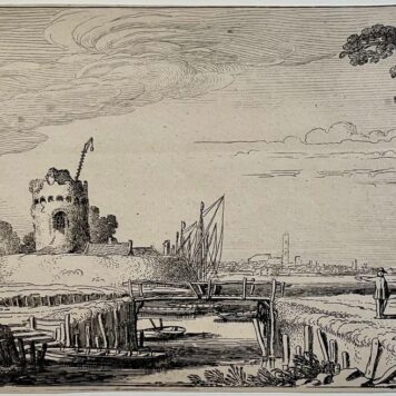 Antique print etching Old tower used as lighthouse by Jan van de Velde II.