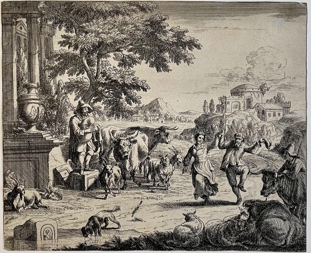 Antique print etching Pastoral landscape with dancing couple by Franciscus de Bargas