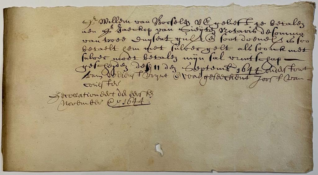  - Manuscript 1644 | Verzoek van Joost van Coulster aan Willem van Borselen om aan notaris Jacob van Gieten F 2000,- te betalen d.d. 11-9-1644. Manuscript, 8, oblong, 1 pag.