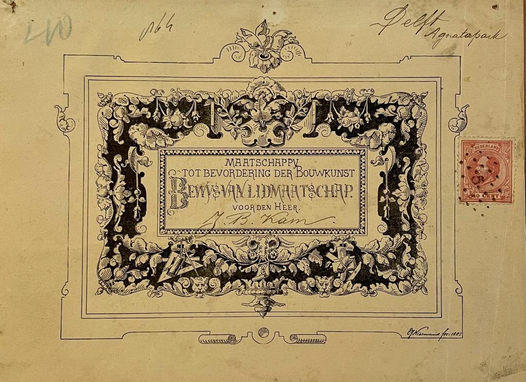  - Membership card Architecture 1887 | Diploma lidmaatschap Maatschappij tot Bevordering der Bouwkunst, ten name van J.B. Kam, 1887. Deels gedrukt, 2 pag.