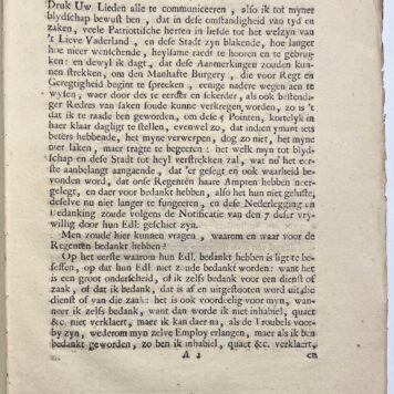 [Printed publication, 1748, Amsterdam] Aanmerkingen aangaande de ontslagene Regenten der stadt Amsterdam, Jan de Waarheidt, [s.l.], 1748, 7 pp.