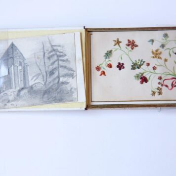 Album amicorum in de vorm van een oblong doosje met losse blaadjes van N.N., met tien bijdragen, 1854-1858, waaronder een fraaie aquarel van de toen 17-jarige Leidse student Carel Nic. Storm van 's Gravesande (1841-1924).