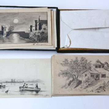 Album amicorum in de vorm van een oblong doosje met losse blaadjes van P. Niessen, 1852-1858.
