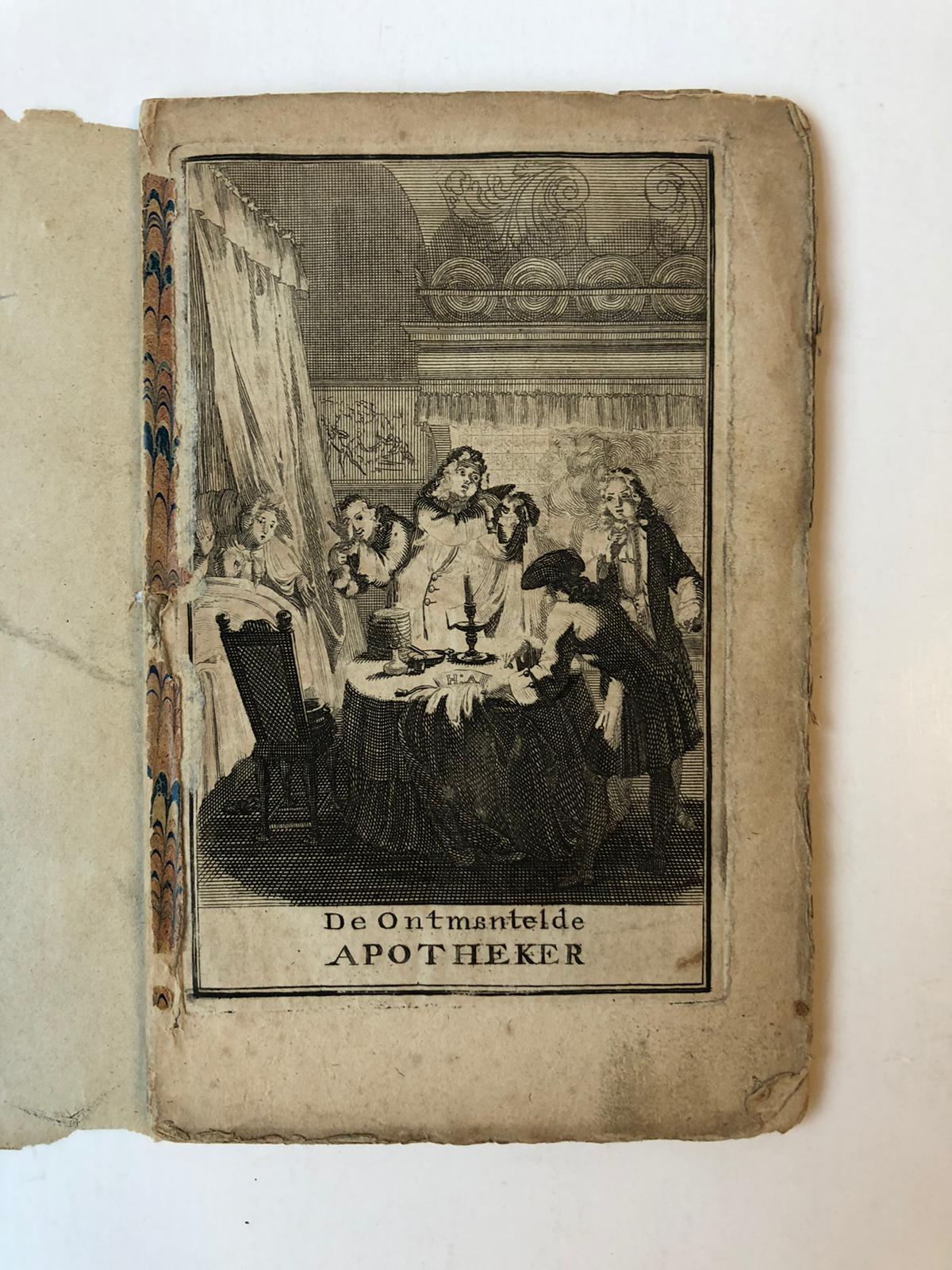  - Satirical book pharmacy 1716 | Printed theater play De ontmantelde apotheker met gefopte hoorndrager, blijspel, Gouda, erven L. Kloppenburg, [ca. 1715], 32 p.