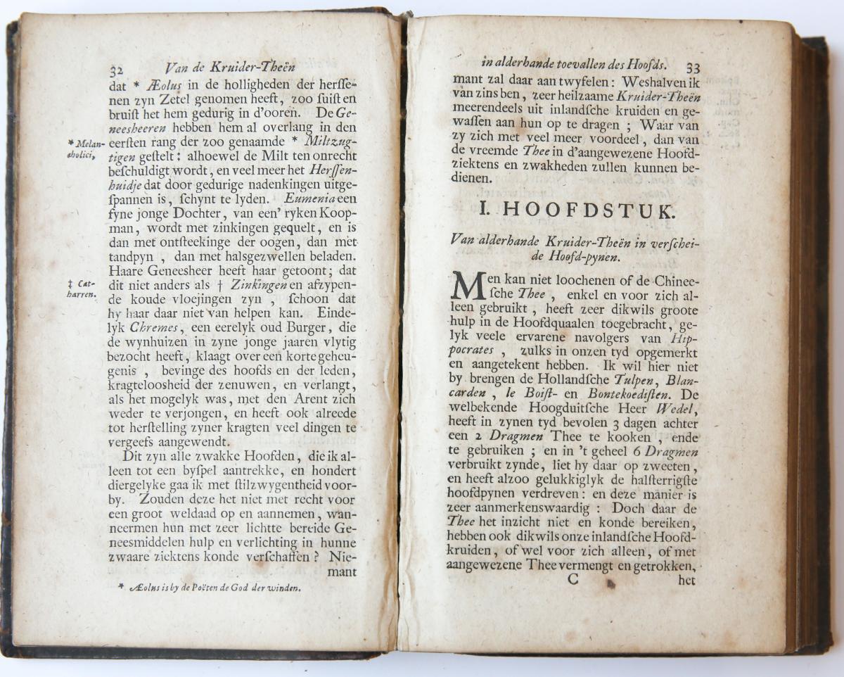 Neo-thea, of nieuwe theetafel, opgezocht voor alle liefhebbers van een gezond, lang en vrolyk leven, ofte wel eene naaukeurige Beschryving van de krachten der in- en uitlandsche kruiden, bloemen, wortelen en planten, om de zelve als thee te doen trekken (...) vertaalt (...) door (...) H.J. Grasper. Amsterdam, Oosterwyk, 1719.