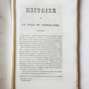 [French topography, antique book, 1833] Histoire de la ville de Therouanne ancienne capitale de la Morinie et notices historiques. Saint Omer, 1833, 115 pp.