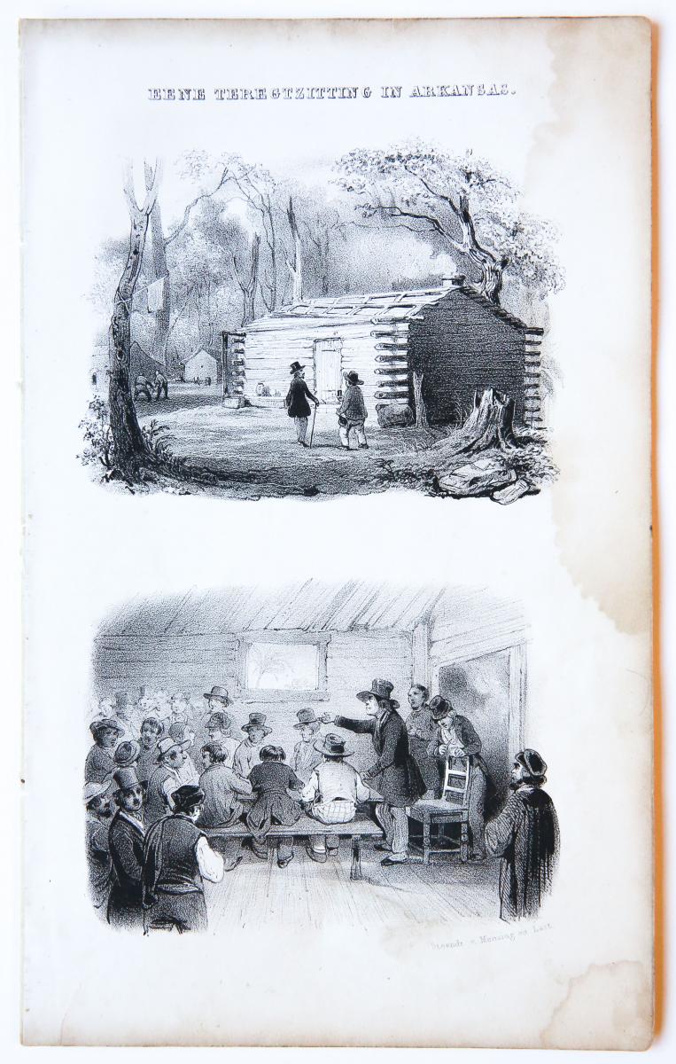 Prent 'Eene teregtzitting in Arkansas'. Litho Mensing en Last, ca. 1860.