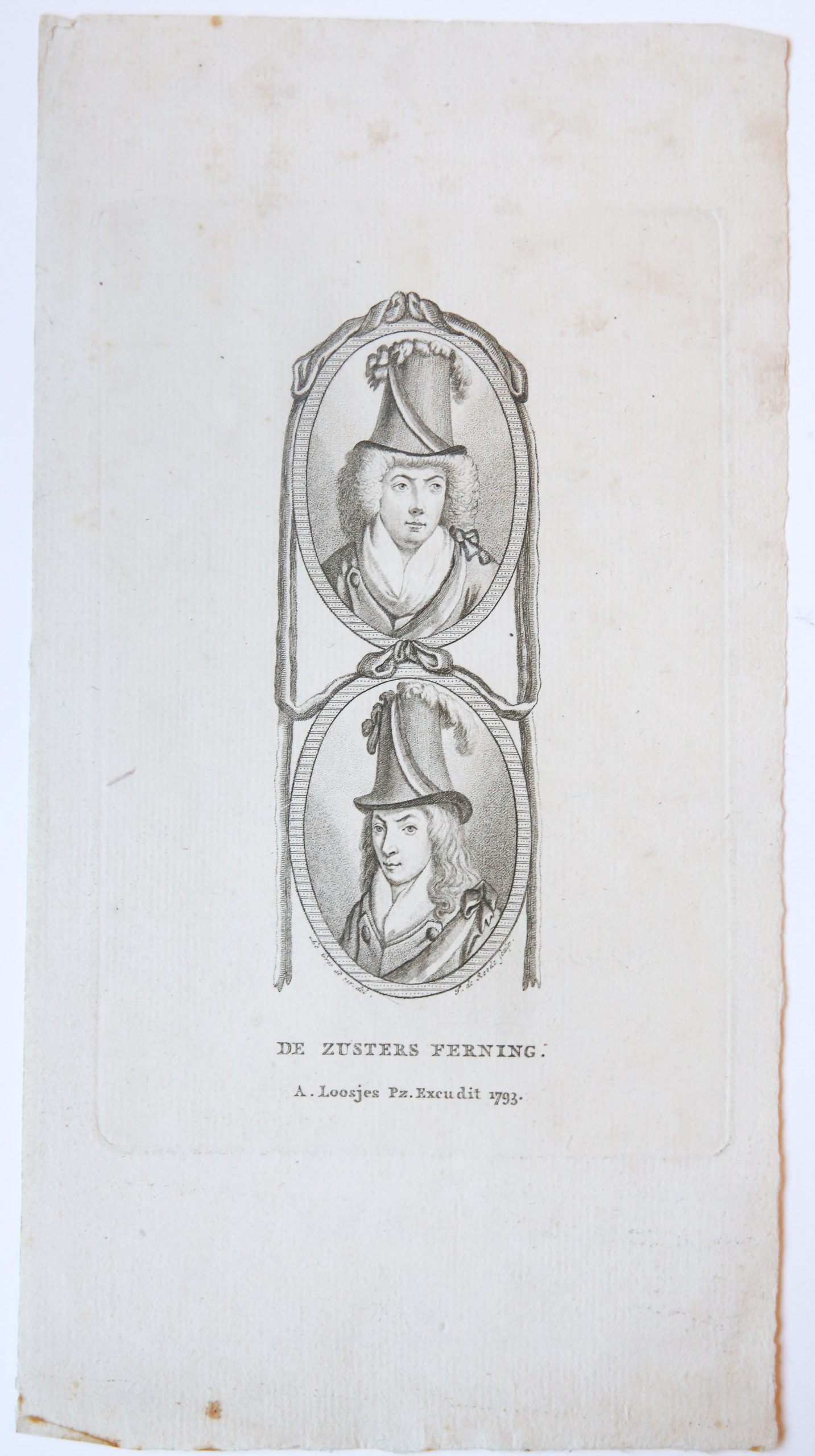 Roode, F. de - Portretprent in stippelgravure-techniek van 'De zusters Ferning', gegraveerd door F. de Roode naar Le Gros. Uitg. A. Loosjes, 1793.