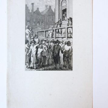 Prent: 'C. van der Burg krijgt het zwaard over het hoofd' [Leeuwarden 16-5-1789], gravure door R. Vinkeles naar J. Buys. Proefdruk voor de letter met bovenstaand onderschrift in potlood.