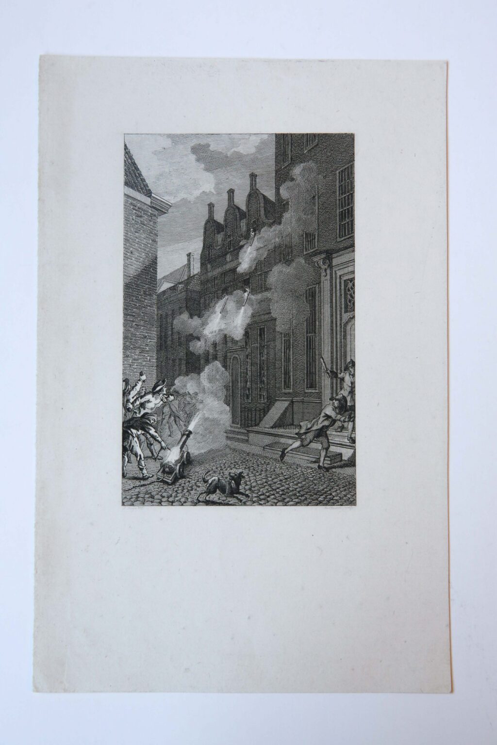 Prent: 'Het huis van Dr. Stevening te Middelburg beschooten' [op 30-6-1787], gravure door R. Vinkeles, 1797, naar J. Buys.