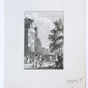 Prent: 'Voorval met den Franschen jager', [d.d. 6-7-1788], gravure door R. Vinkeles naar J. Buys, proefdruk voor de letter.
