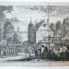Prent: 'Het Hof Provintiael in Vriesland geeft twee gevangenen over aen den militairen rechter, na de vernietiging van 't recht van praeventie' [d.d. 12-1-1753], ets en gravure door S. Fokke, F. Houttuyn exc.