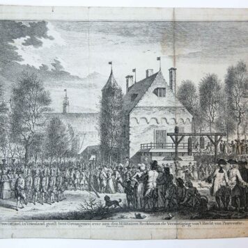 Prent: 'Het Hof Provintiael in Vriesland geeft twee gevangenen over aen den militairen rechter, na de vernietiging van 't recht van praeventie' [d.d. 12-1-1753], ets en gravure door S. Fokke, F. Houttuyn exc.