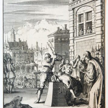 Prent: 'De onderkoning van Ierland onthoofd te Londen 1641', gravure [door J. Luyken], met deze tekst in handschrift.
