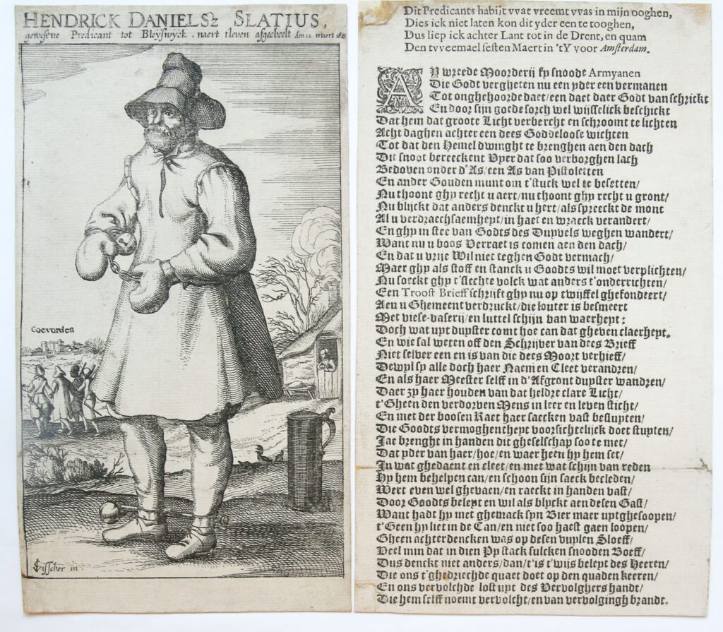 [Antique print and letterpress, 1623] 'Hendrick Daniel Slatius, gewesene Predicant tot Bleijswyck, naert t´leven afgebeelt den 12 Maert 1623'; portrait of Hendrick Slatius, published 1623, 1 p.
