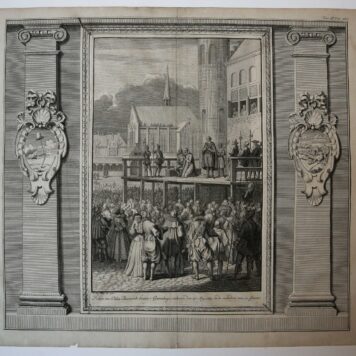 [Antique print, etching/ets] 'Johan van Olden Barnevelt binnen 's Gravenhage onthalst'; beheading Johan van Oldenbarnevelt in1619, published 1730.