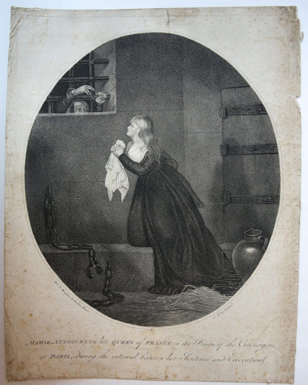 Engraving/Gravure: Marie Antoinette, late queen of France, in the prison of the Conciergerie at Paris, during the interval between her sentence and execution.