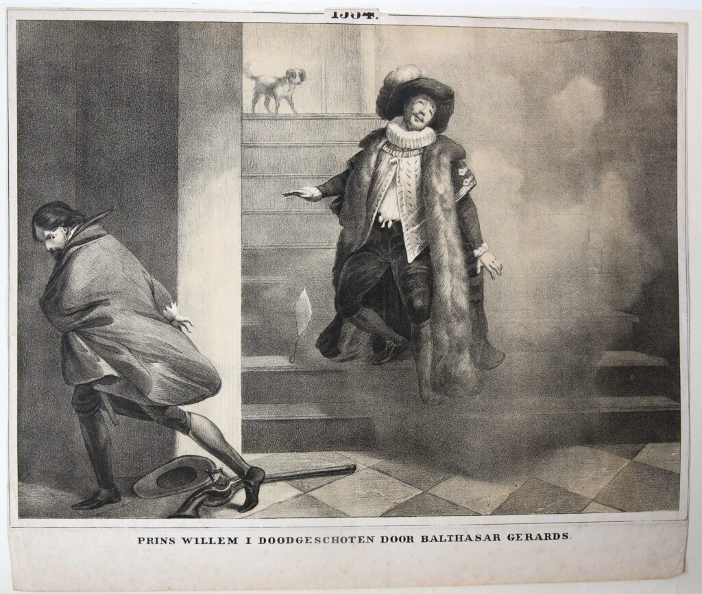 Prent: 'Prins Willem I doodgeschoten door Balthasar Gerards', anonieme litho, midden boven '1584'. De stervende prins op de trap, links de vluchtende moordenaar. 19e eeuws.