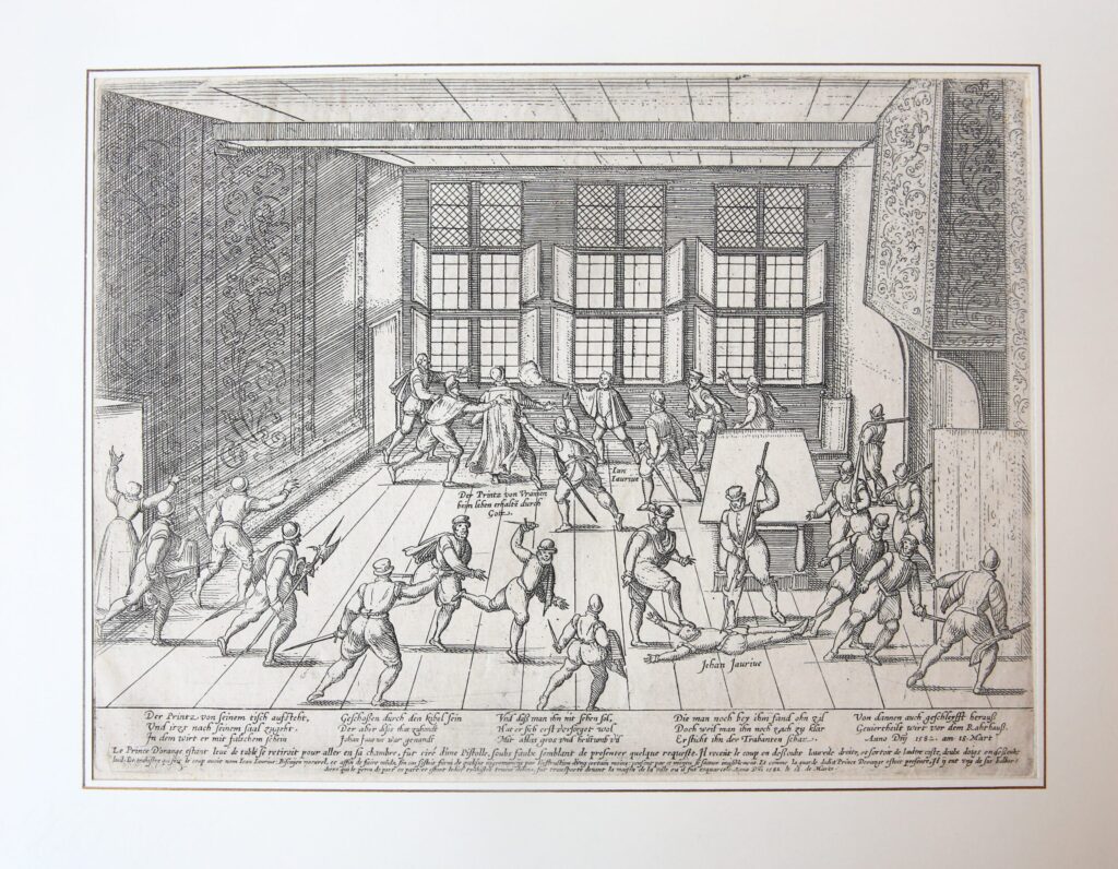 Prent: [De aanslag op Willem I door Jean Jaureguy, 18-3-1582], gravure.