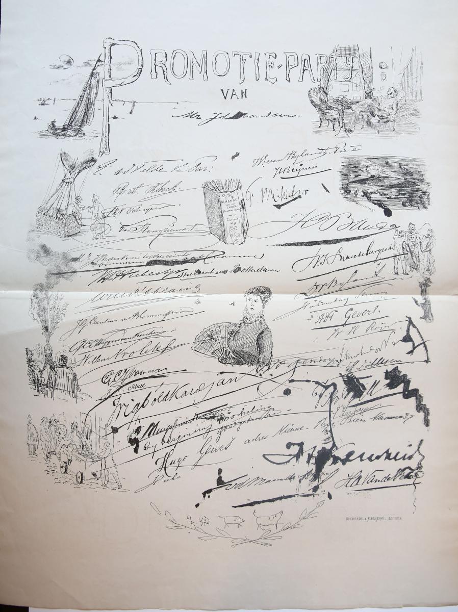 Doorn, J. S. D.  van - Prent op de promotie van J.S.D. van Doorn, zonder datum Leiden Somerwil ca 1875.