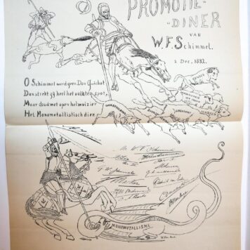 Prent op de promotie van Mr W.F.Schimmel, naar ontwerp van W. Six. 1882.