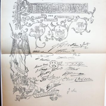 Prent voor het Promotie diner van Mr Johan Ferdin. Backer, naar een tekening van C.B.Tilanus 1884.