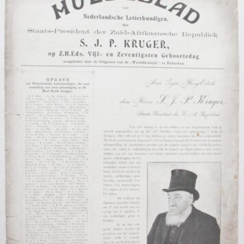‘Huldeblad van Nederlandsche Letterkundigen’ regarding Paul Kruger of South Africa (Zuid-Afrika), 1826-1900.