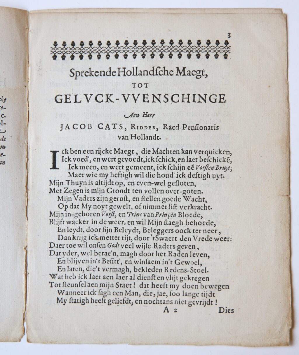 A. vande Vennes geluck-wenschinge door de Hollandsche maegt, aen heer Jacob Cats, Ridder, raed-pensionaris van Hollandt. 's-Gravenhage, Pieter vande Venne, 1636. 4º: 7 p.